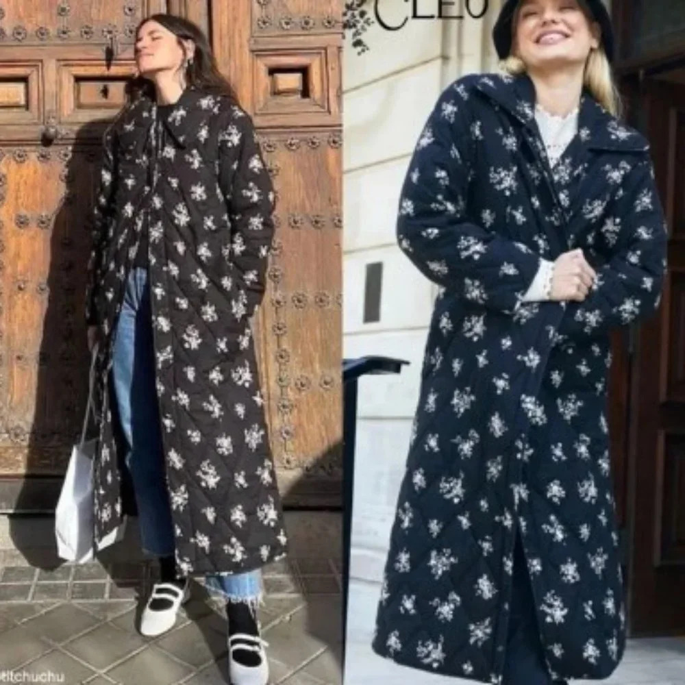 RIXO Cleo Quilted Black Floral Collared Bohemian Designer Longline Long Coat XL